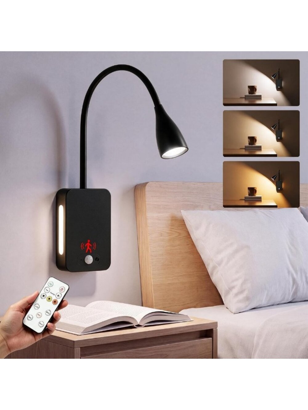 Dimmable LED Wall Reading Light with Remote, Motion Sensor & 3 Color Temps